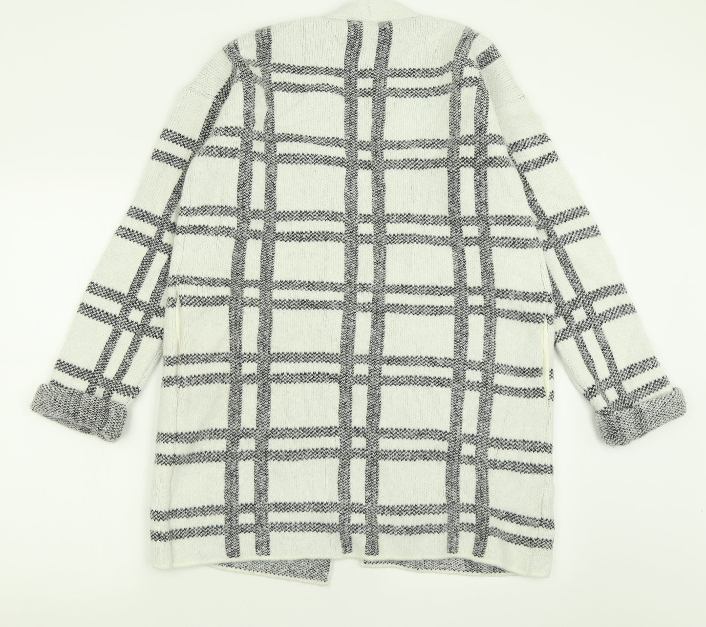 Marks and Spencer Womens White V-Neck Check Acrylic Cardigan Jumper Size M