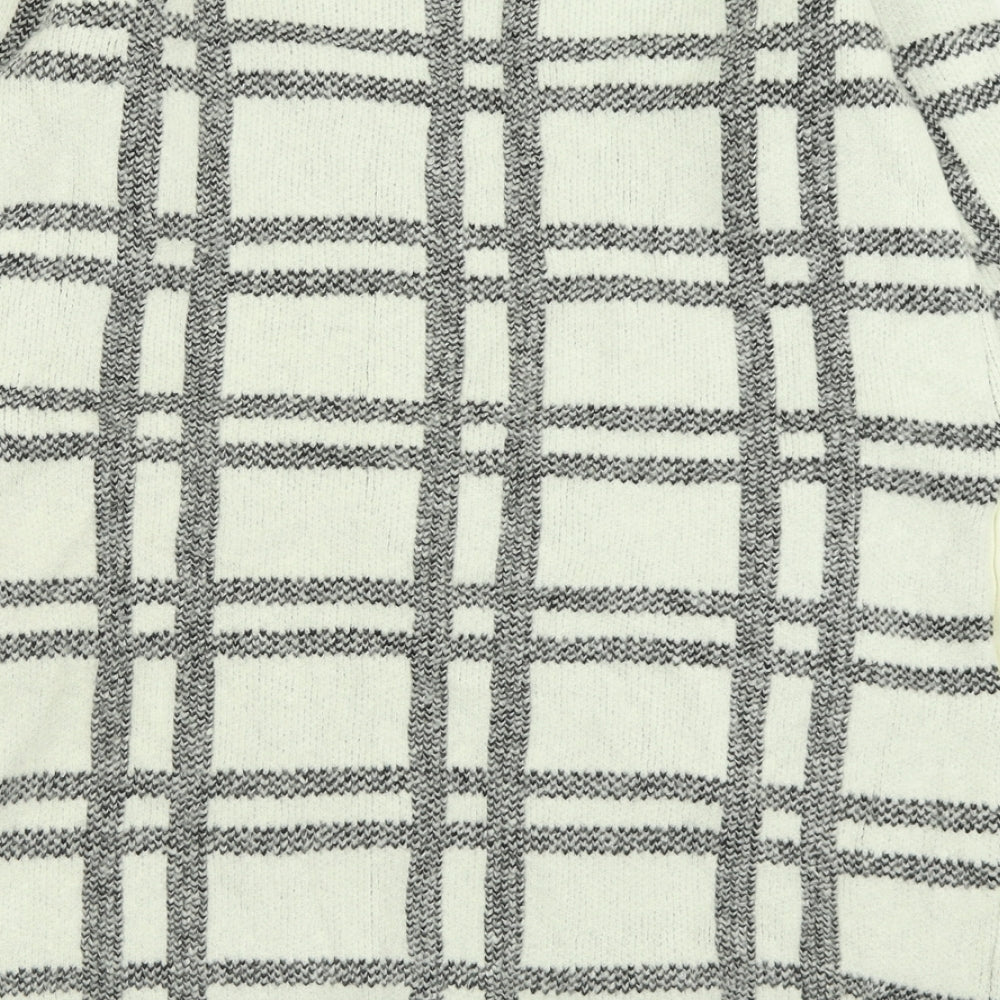 Marks and Spencer Womens White V-Neck Check Acrylic Cardigan Jumper Size M