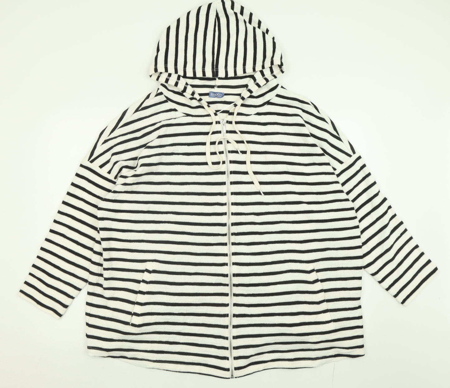 Samoon Womens White Striped Cotton Full Zip Hoodie Size 28  Zip