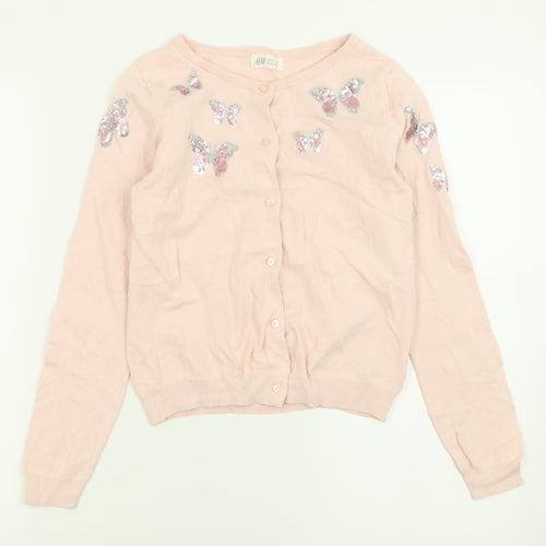 H&M Girls Pink Crew Neck  Cotton Cardigan Jumper Size 9-10 Years  Button - Butterfly Print