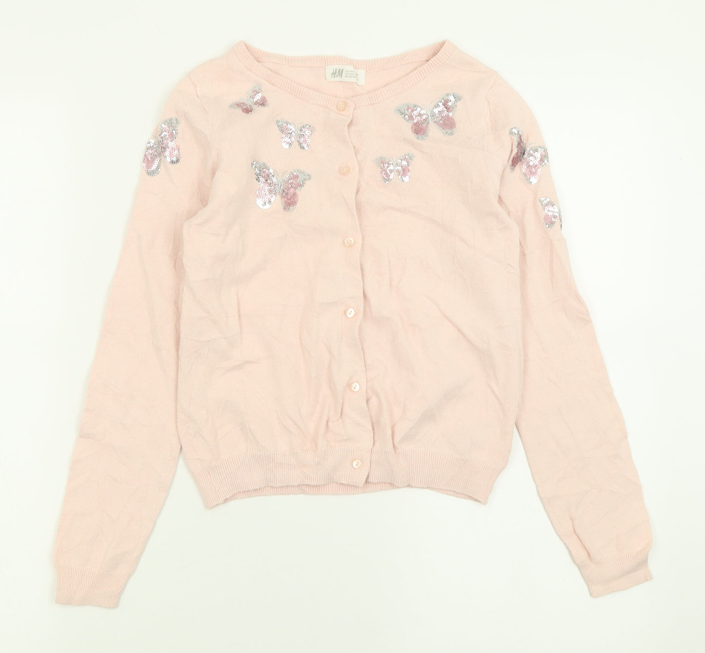 H&M Girls Pink Crew Neck  Cotton Cardigan Jumper Size 9-10 Years  Button - Butterfly Print