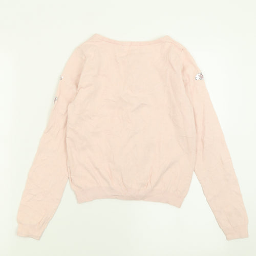 H&M Girls Pink Crew Neck  Cotton Cardigan Jumper Size 9-10 Years  Button - Butterfly Print
