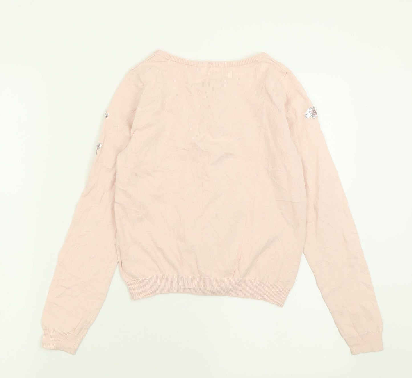 H&M Girls Pink Crew Neck  Cotton Cardigan Jumper Size 9-10 Years  Button - Butterfly Print