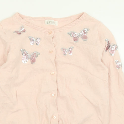 H&M Girls Pink Crew Neck  Cotton Cardigan Jumper Size 9-10 Years  Button - Butterfly Print