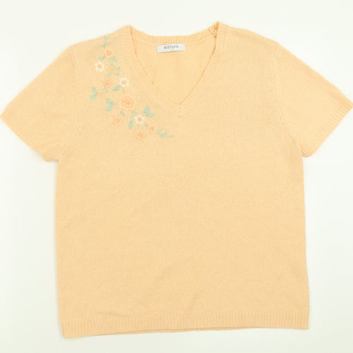 Editions Womens Orange Floral Acrylic Basic T-Shirt Size 12 V-Neck