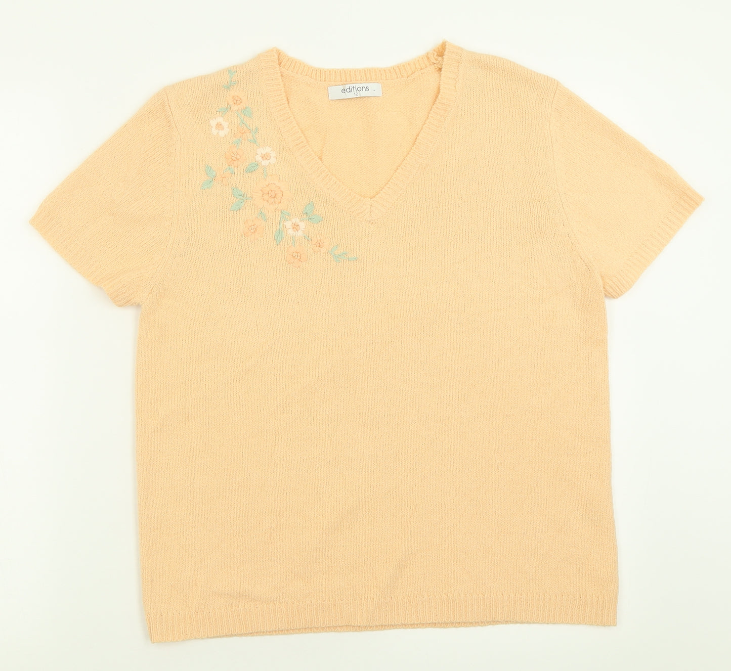 Editions Womens Orange Floral Acrylic Basic T-Shirt Size 12 V-Neck