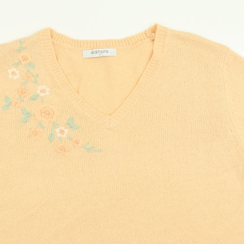 Editions Womens Orange Floral Acrylic Basic T-Shirt Size 12 V-Neck