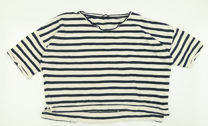 Dunnes Stores Womens White Crew Neck Striped Cotton Pullover Jumper Size XL