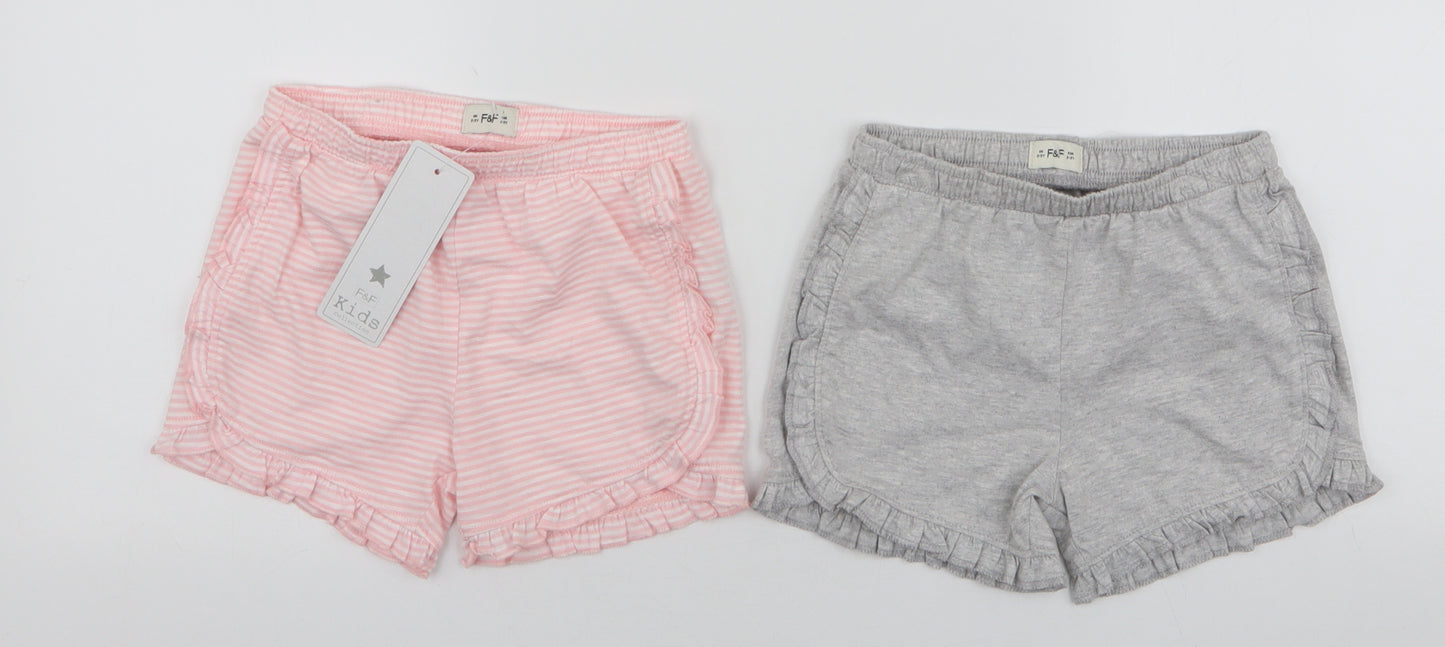 F&F Girls Multicoloured Striped 100% Cotton Sweat Shorts Size 2-3 Years  Regular  - 2 pack