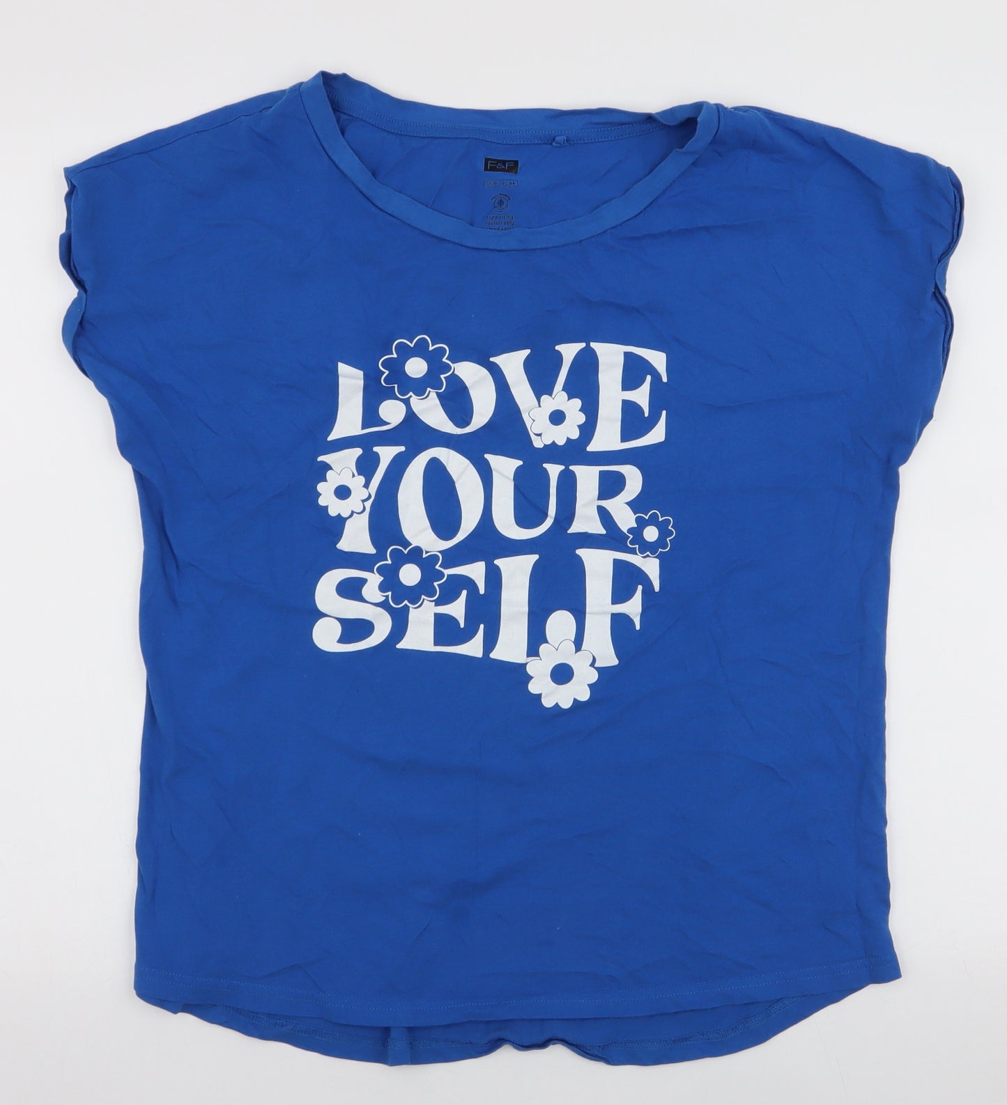 F&F Womens Blue  100% Cotton Jersey T-Shirt Size 16 Round Neck - Love your self
