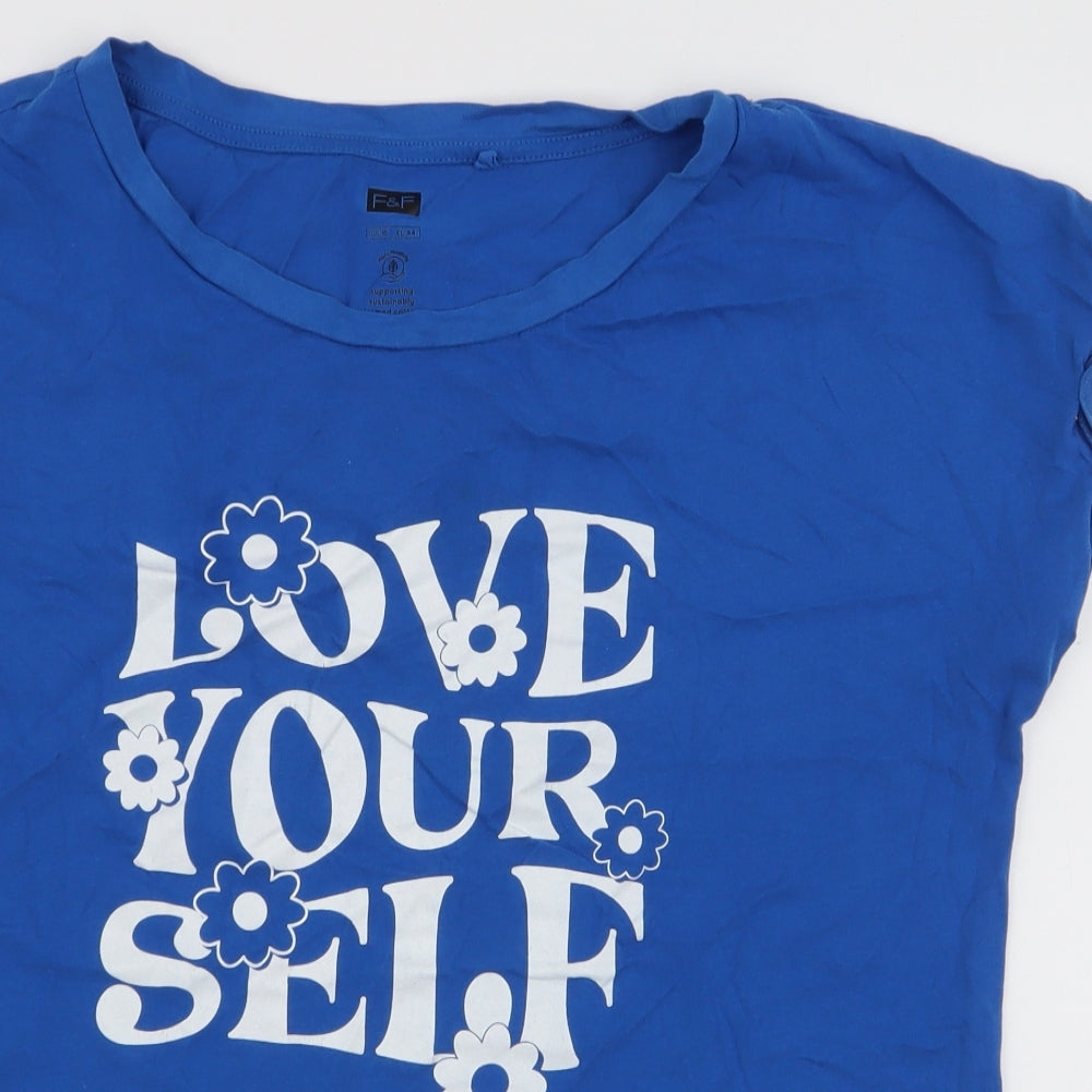 F&F Womens Blue  100% Cotton Jersey T-Shirt Size 16 Round Neck - Love your self