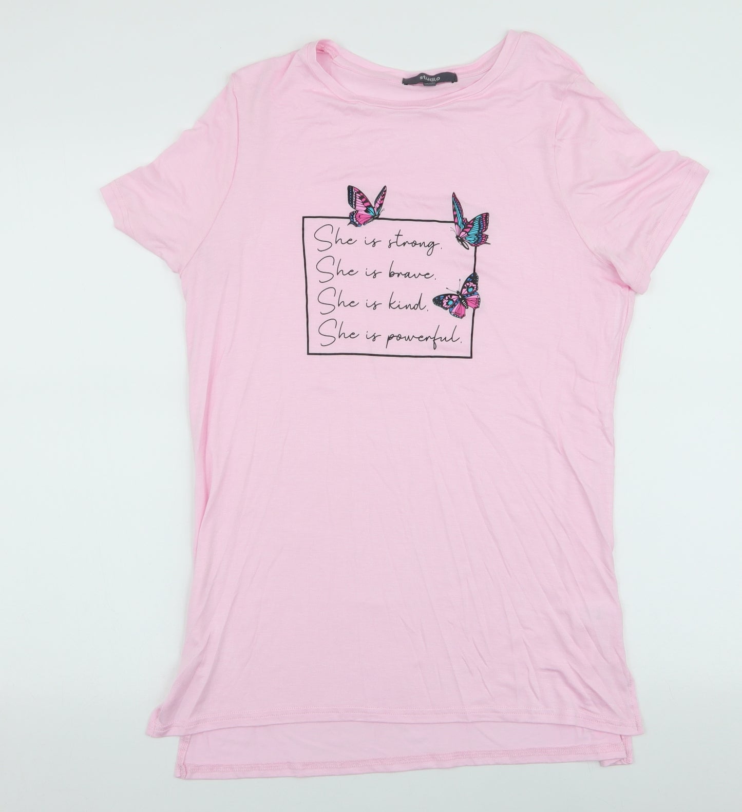 Studio Womens Pink Floral Viscose Jersey T-Shirt Size 12 Round Neck - Butterflies