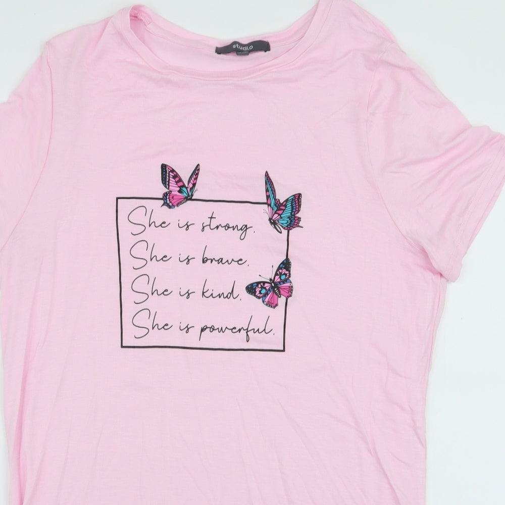Studio Womens Pink Floral Viscose Jersey T-Shirt Size 12 Round Neck - Butterflies