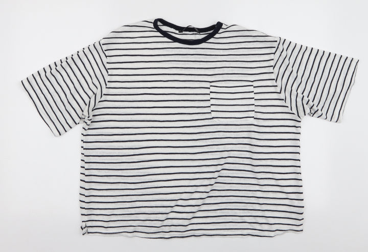 Dunnes Stores Womens White Striped Viscose Basic T-Shirt Size L Round Neck