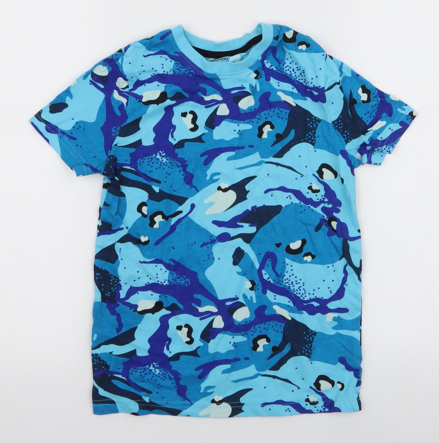 F&F Boys Blue Camouflage 100% Cotton Jersey T-Shirt Size 6-7 Years Round Neck Pullover