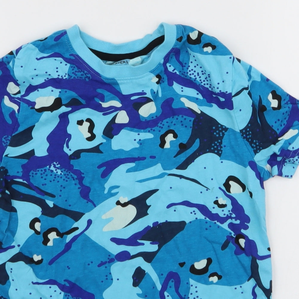 F&F Boys Blue Camouflage 100% Cotton Jersey T-Shirt Size 6-7 Years Round Neck Pullover