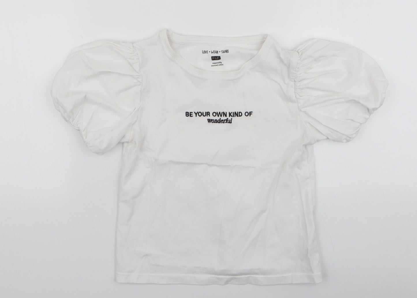 F&F Girls White  100% Cotton Jersey Blouse Size 8-9 Years Round Neck Pullover