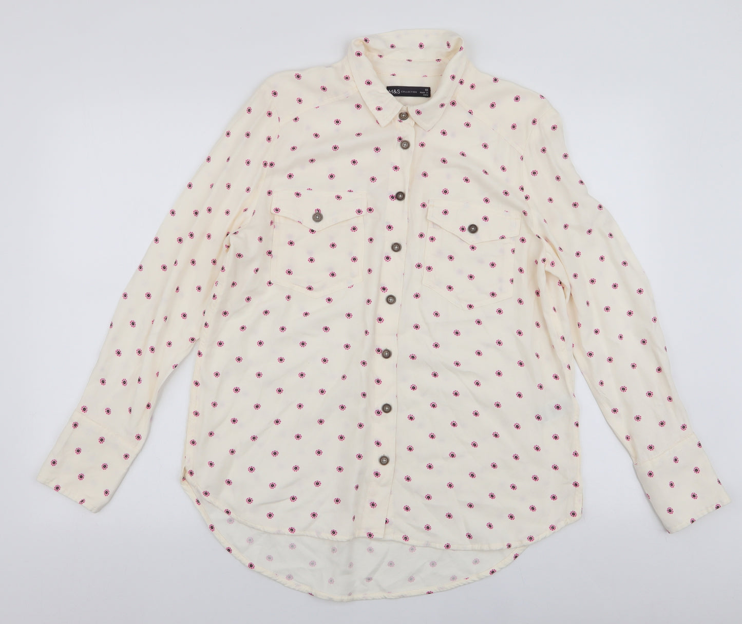 Marks and Spencer Womens Ivory Floral Viscose Basic Button-Up Size 10 Collared