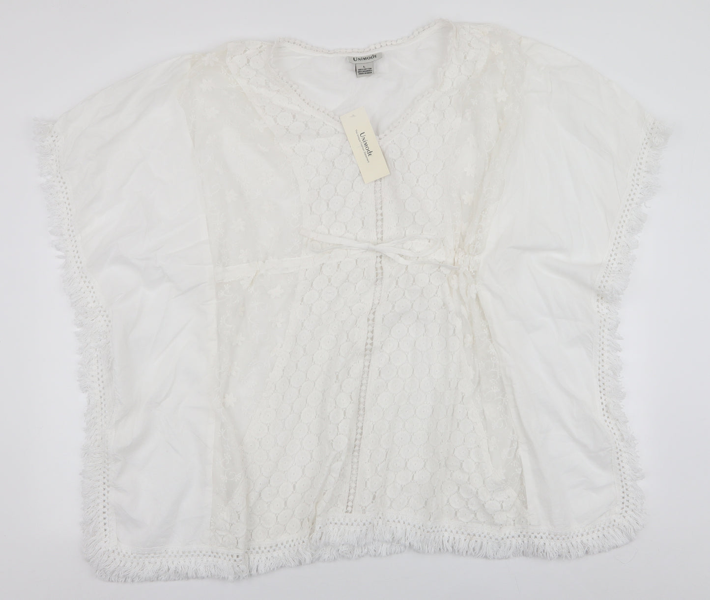 Unimode Womens White  100% Cotton Kaftan  Size L  Round Neck Pullover - Beach cover up
