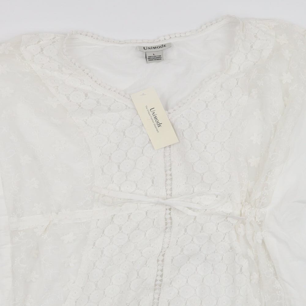 Unimode Womens White  100% Cotton Kaftan  Size L  Round Neck Pullover - Beach cover up