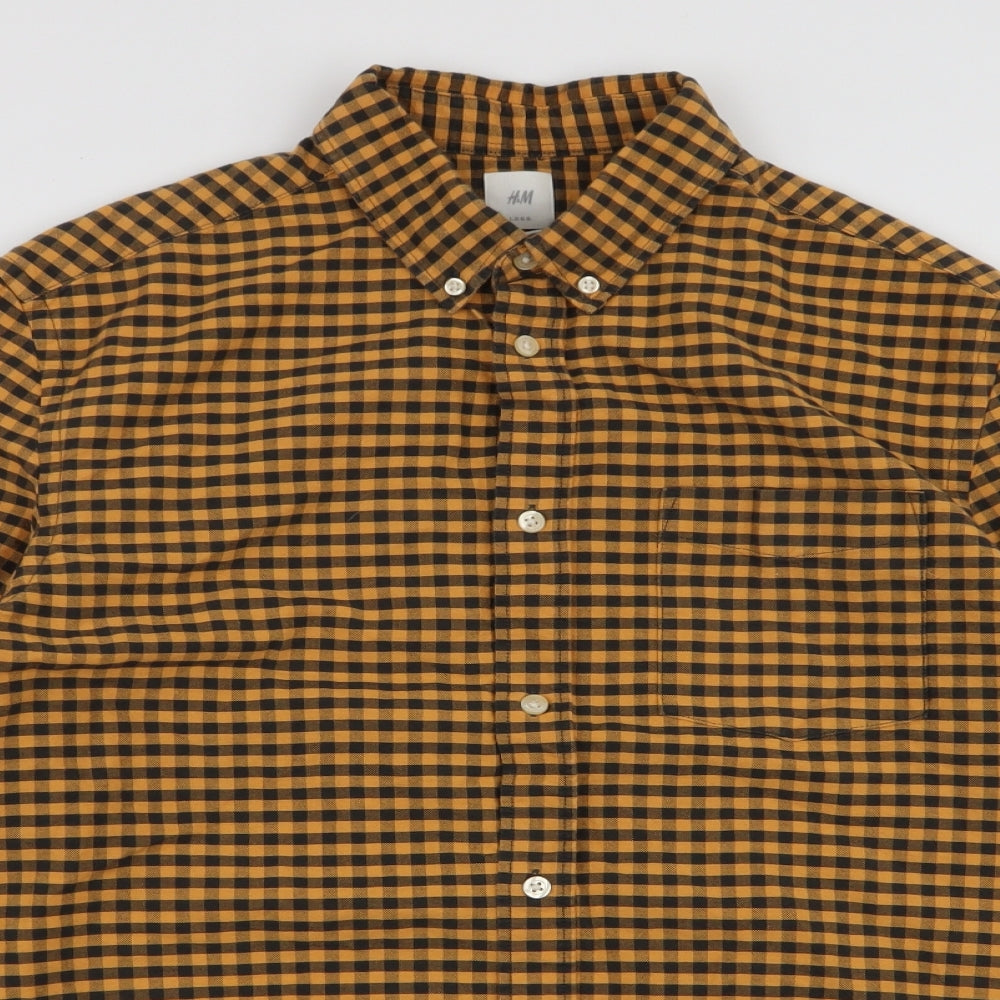 H&M Mens Yellow Plaid Cotton  Button-Up Size M Collared Button