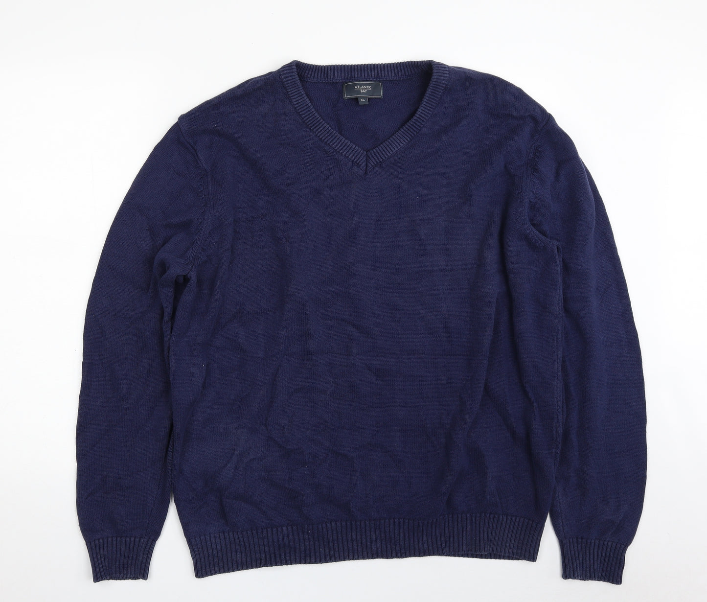Atlantic Bay Mens Blue V-Neck  Cotton Pullover Jumper Size XL