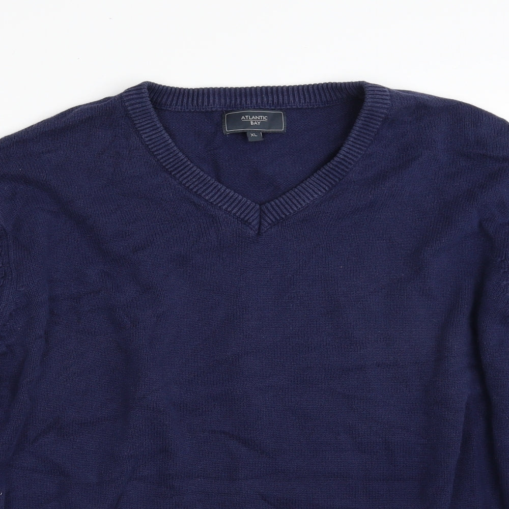Atlantic Bay Mens Blue V-Neck  Cotton Pullover Jumper Size XL