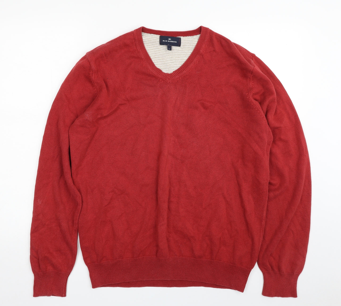 Blue Harbour Mens Red V-Neck  Cotton Pullover Jumper Size L