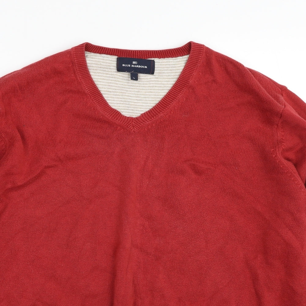 Blue Harbour Mens Red V-Neck  Cotton Pullover Jumper Size L