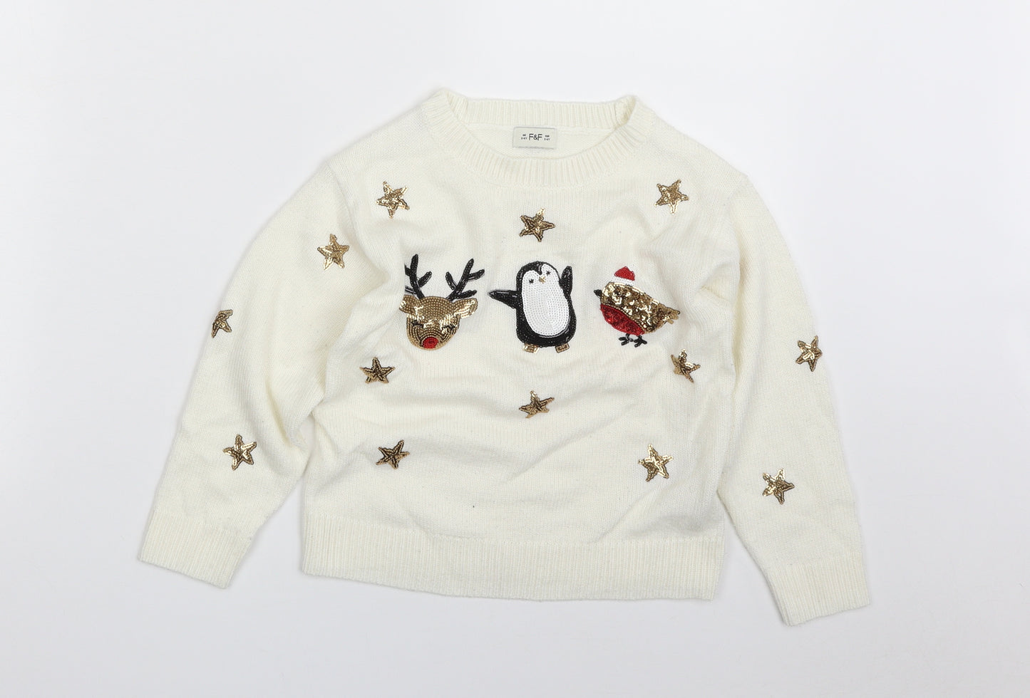 F&F Girls Ivory Crew Neck  Acrylic Pullover Jumper Size 5-6 Years  Pullover - Christmas