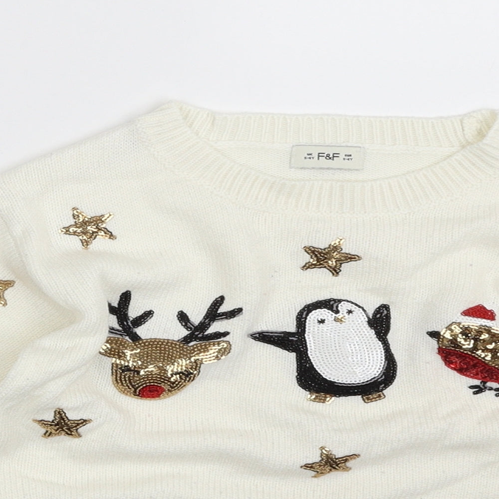 F&F Girls Ivory Crew Neck  Acrylic Pullover Jumper Size 5-6 Years  Pullover - Christmas