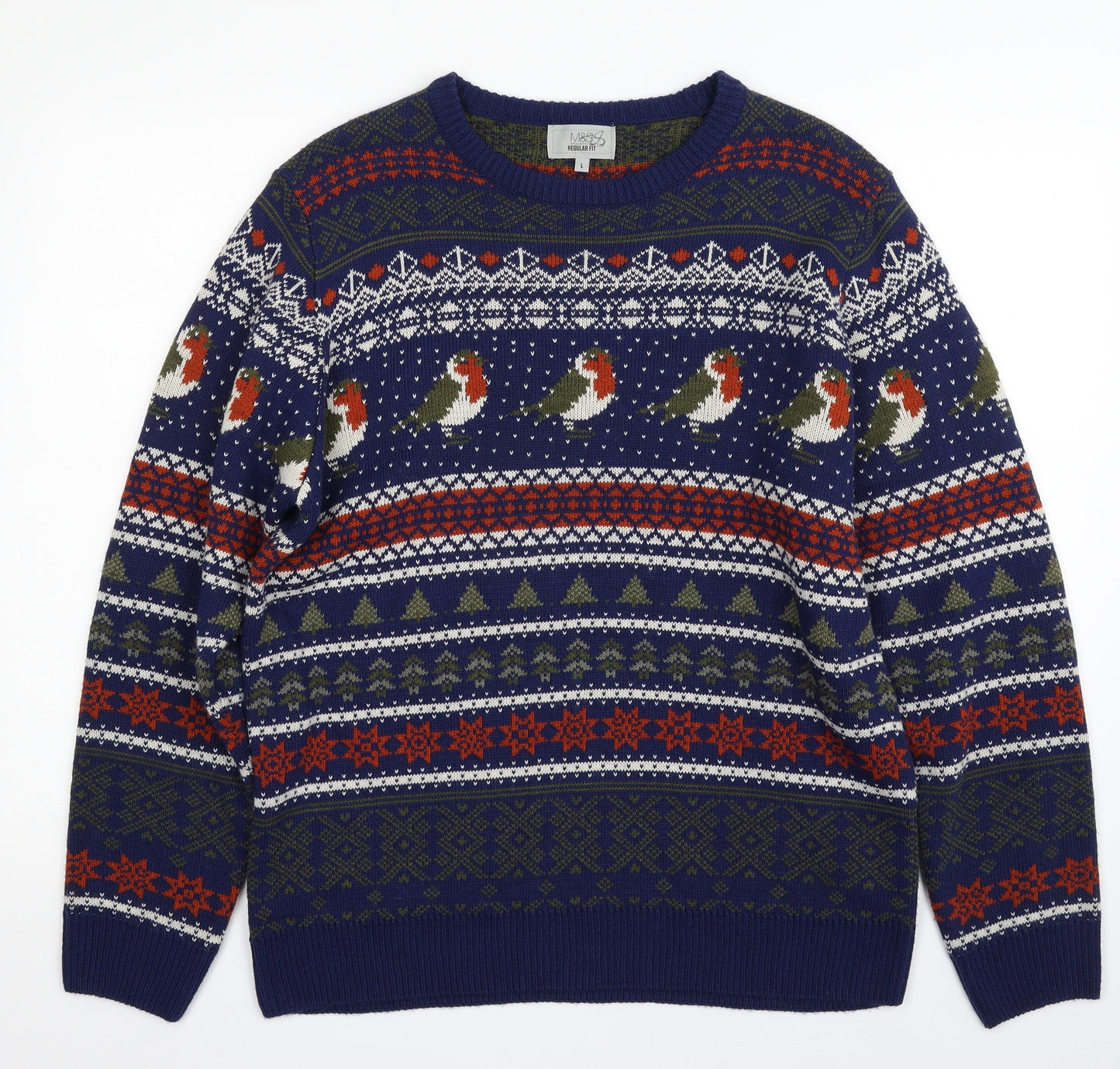 Marks and Spencer Mens Blue Crew Neck Geometric Acrylic Pullover Jumper Size L   - Christmas