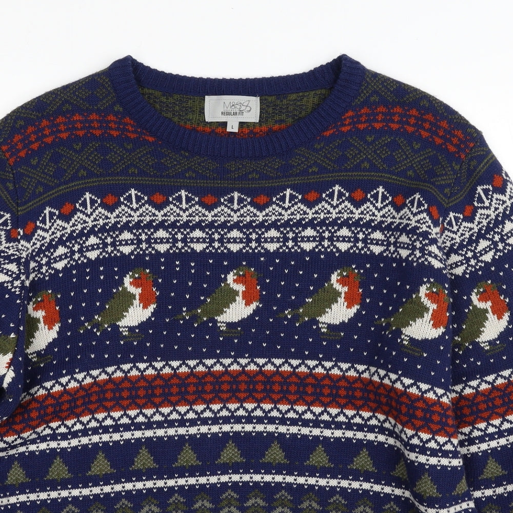 Marks and Spencer Mens Blue Crew Neck Geometric Acrylic Pullover Jumper Size L   - Christmas
