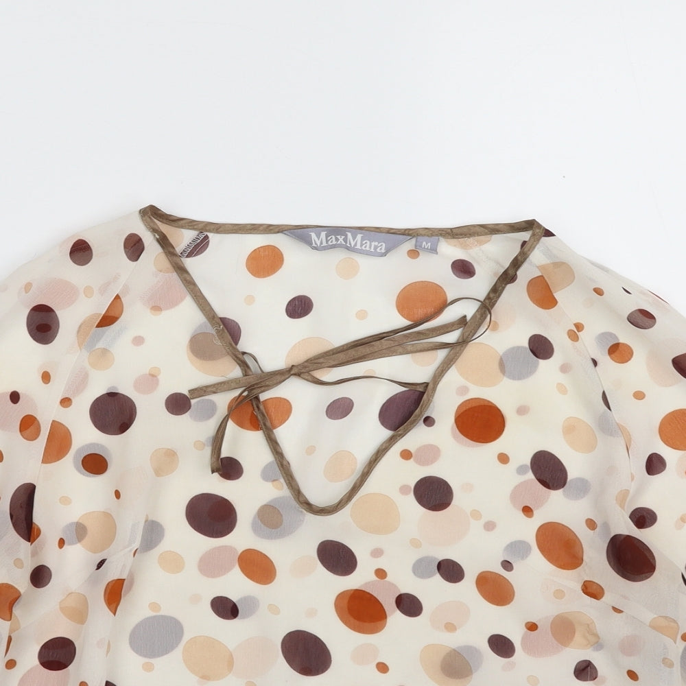 Max Mara Womens Beige Polka Dot Polyester Basic Blouse Size M V-Neck - Tie