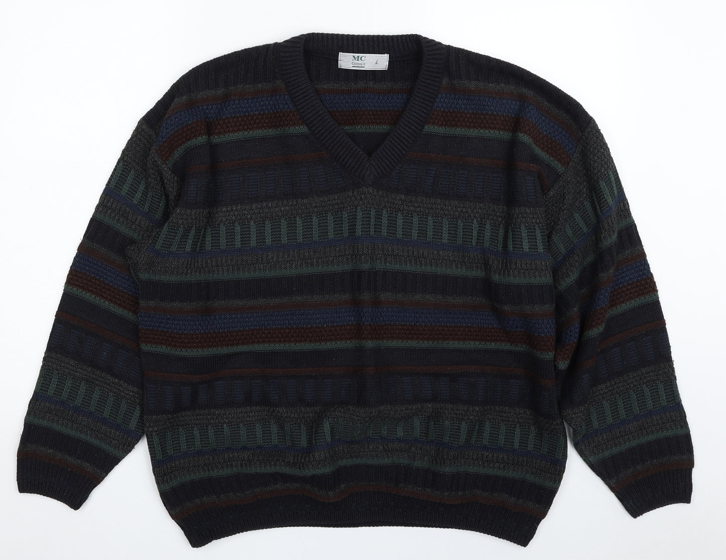 MC Casuals Mens Multicoloured V-Neck Geometric Acrylic Pullover Jumper Size L