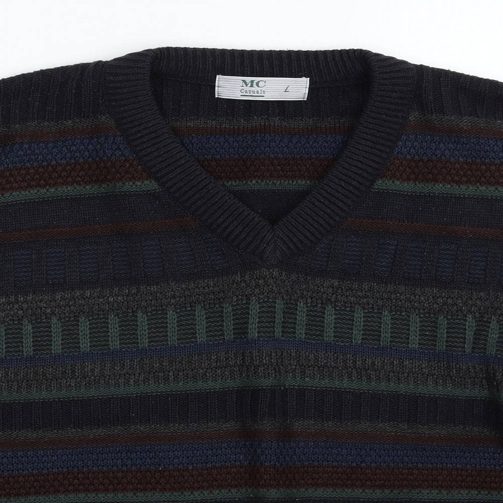 MC Casuals Mens Multicoloured V-Neck Geometric Acrylic Pullover Jumper Size L