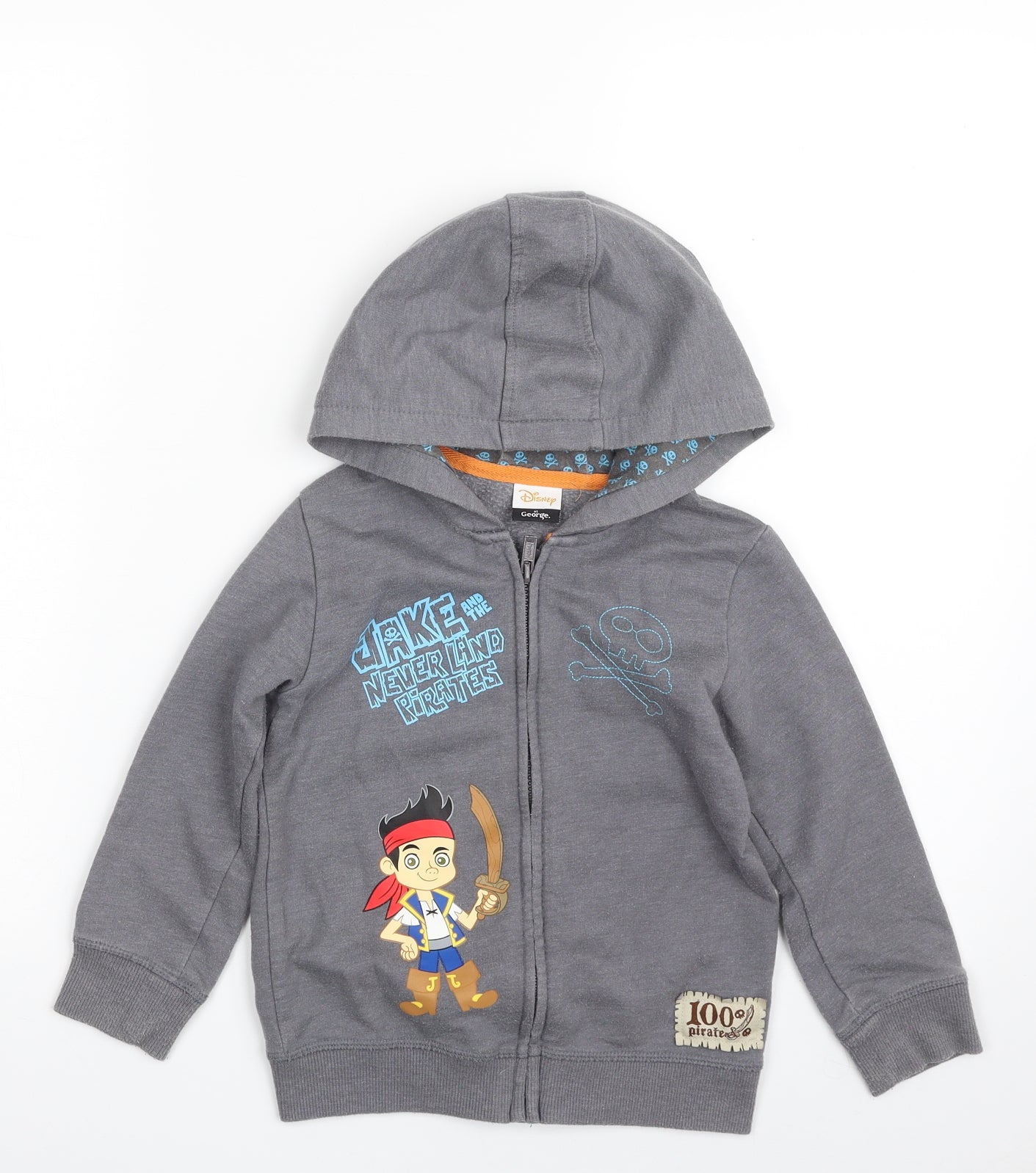 George Boys Grey  Cotton Full Zip Hoodie Size 4-5 Years  Zip - Jake and the Never Land Pirates
