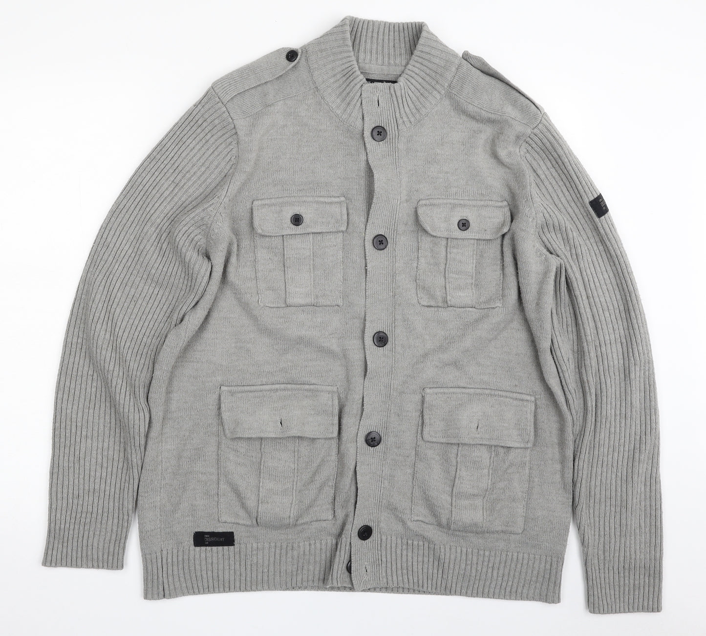 Dissident Mens Grey High Neck  Acrylic Cardigan Jumper Size XL