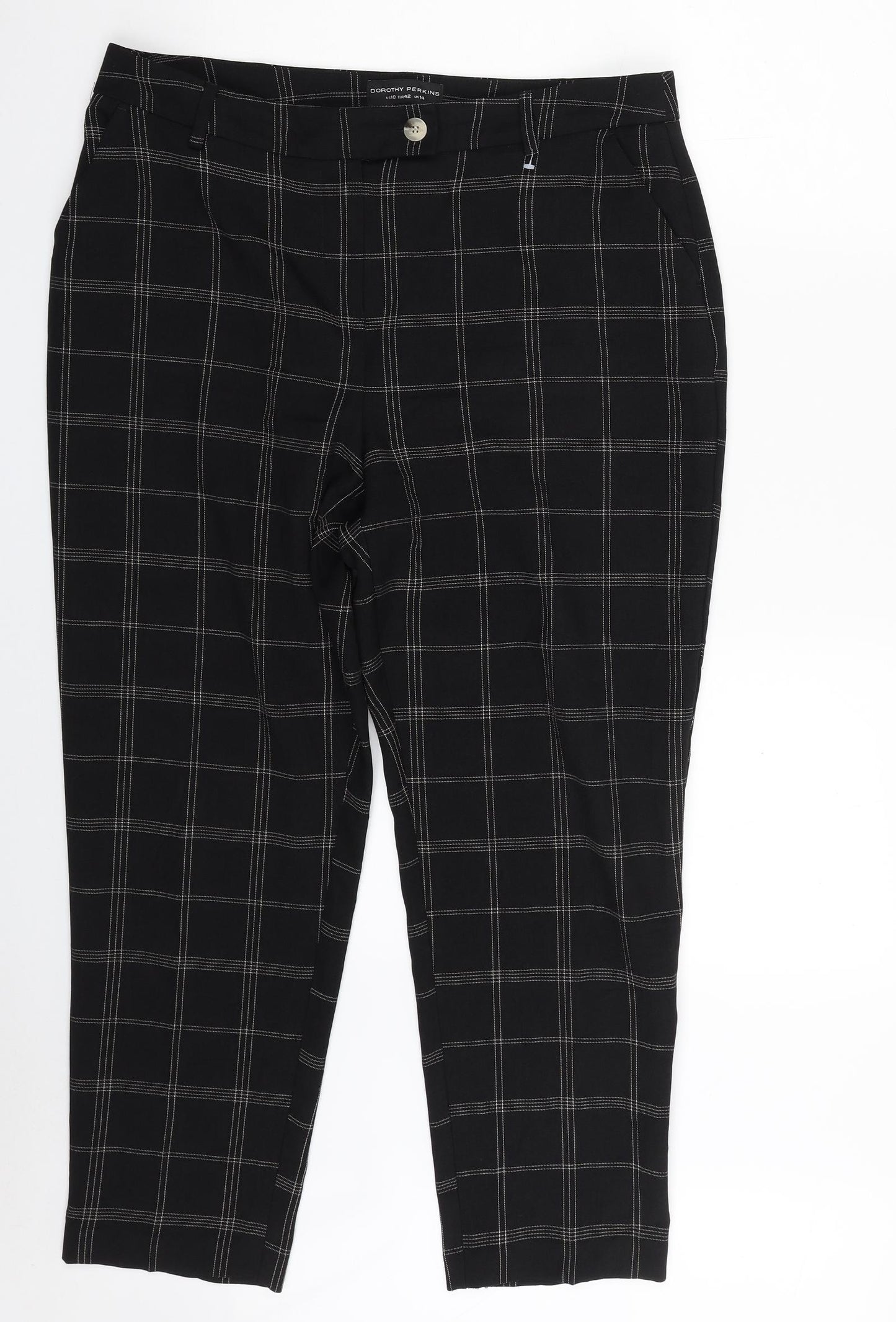 Dorothy Perkins Womens Black Plaid Polyester Cropped Trousers Size 14 L25 in Regular Zip