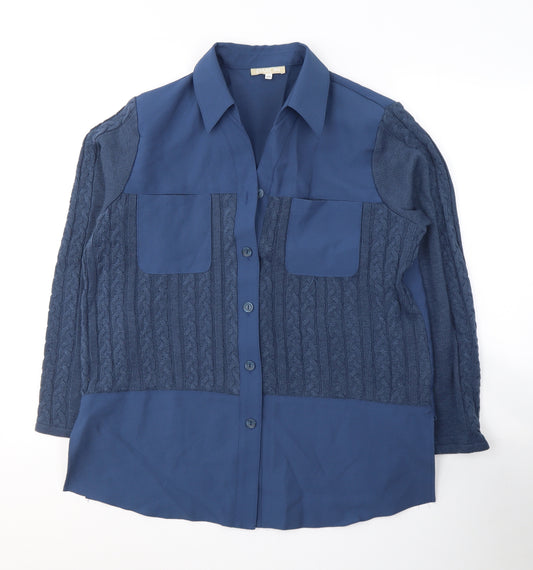 Front view of Dakon women’s blue polyester basic button-up, size UK 18, v-neck