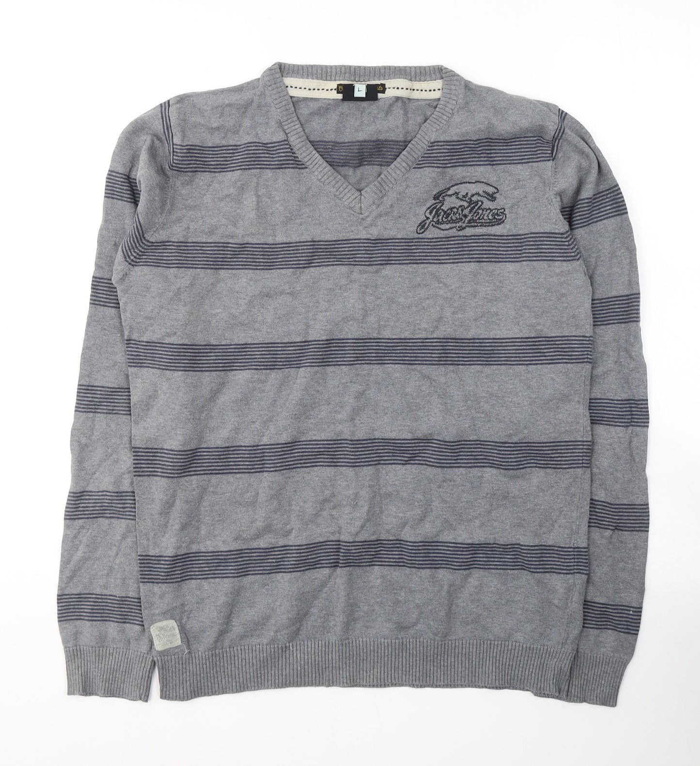 JACK & JONES Mens Grey V-Neck Striped Cotton Pullover Jumper Size L