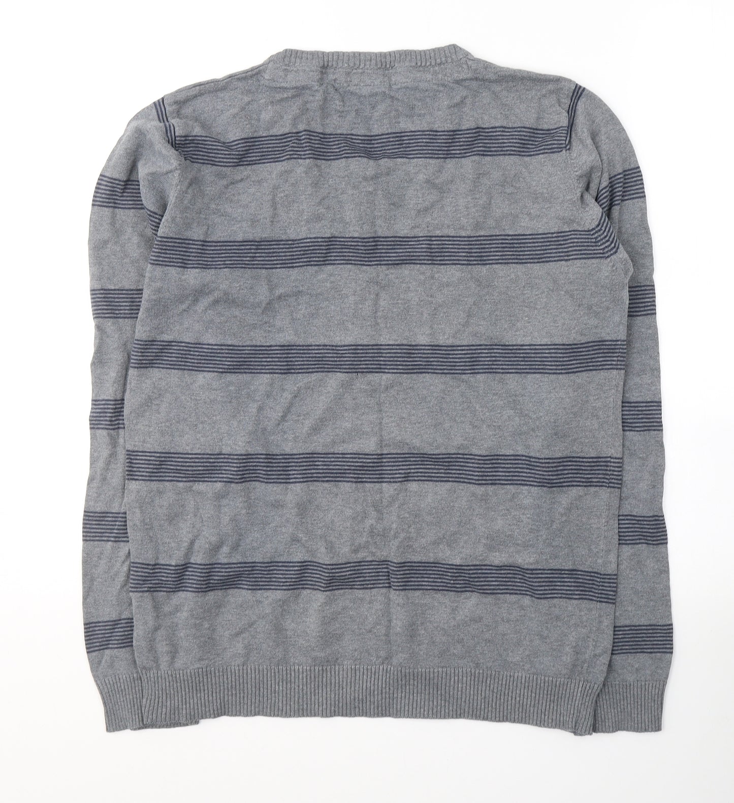 JACK & JONES Mens Grey V-Neck Striped Cotton Pullover Jumper Size L