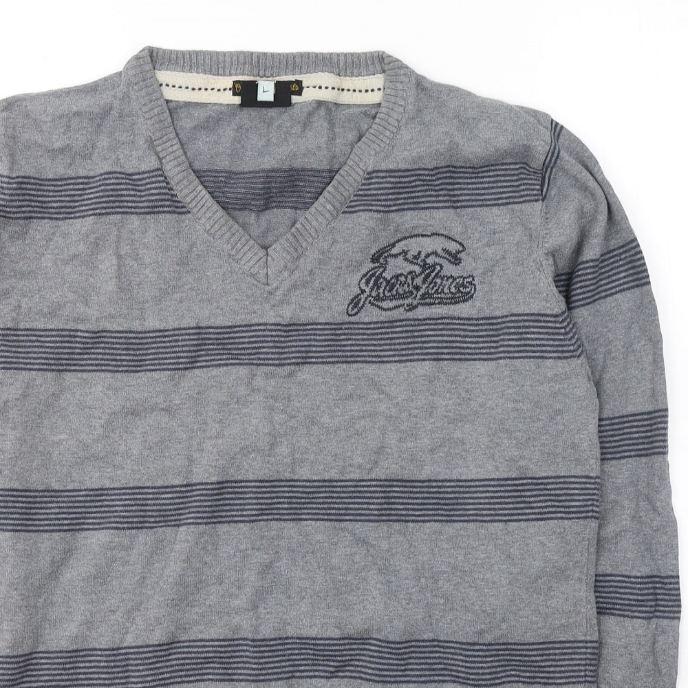 JACK & JONES Mens Grey V-Neck Striped Cotton Pullover Jumper Size L