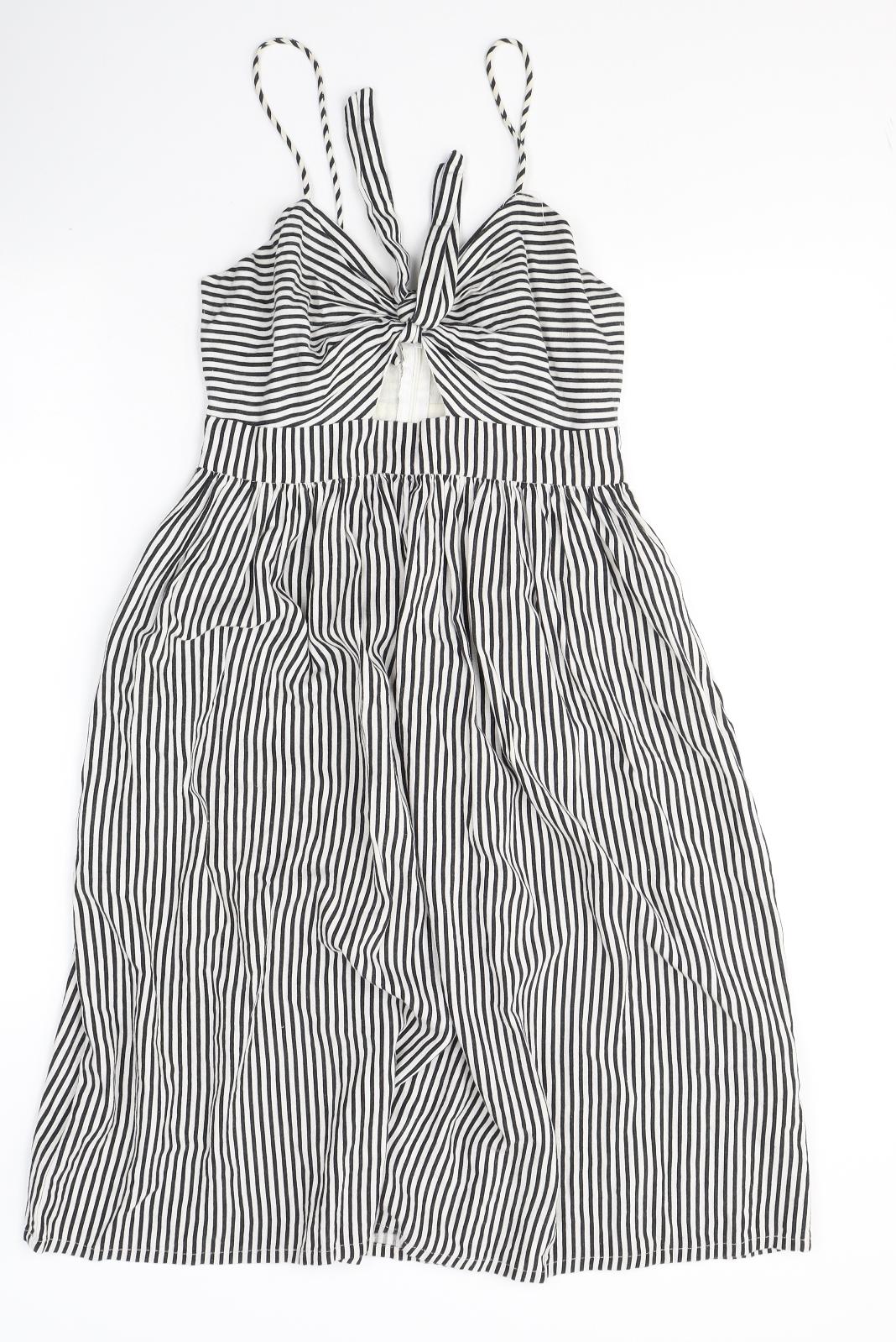 Zara Womens White Striped Cotton Fit & Flare  Size S  V-Neck Zip