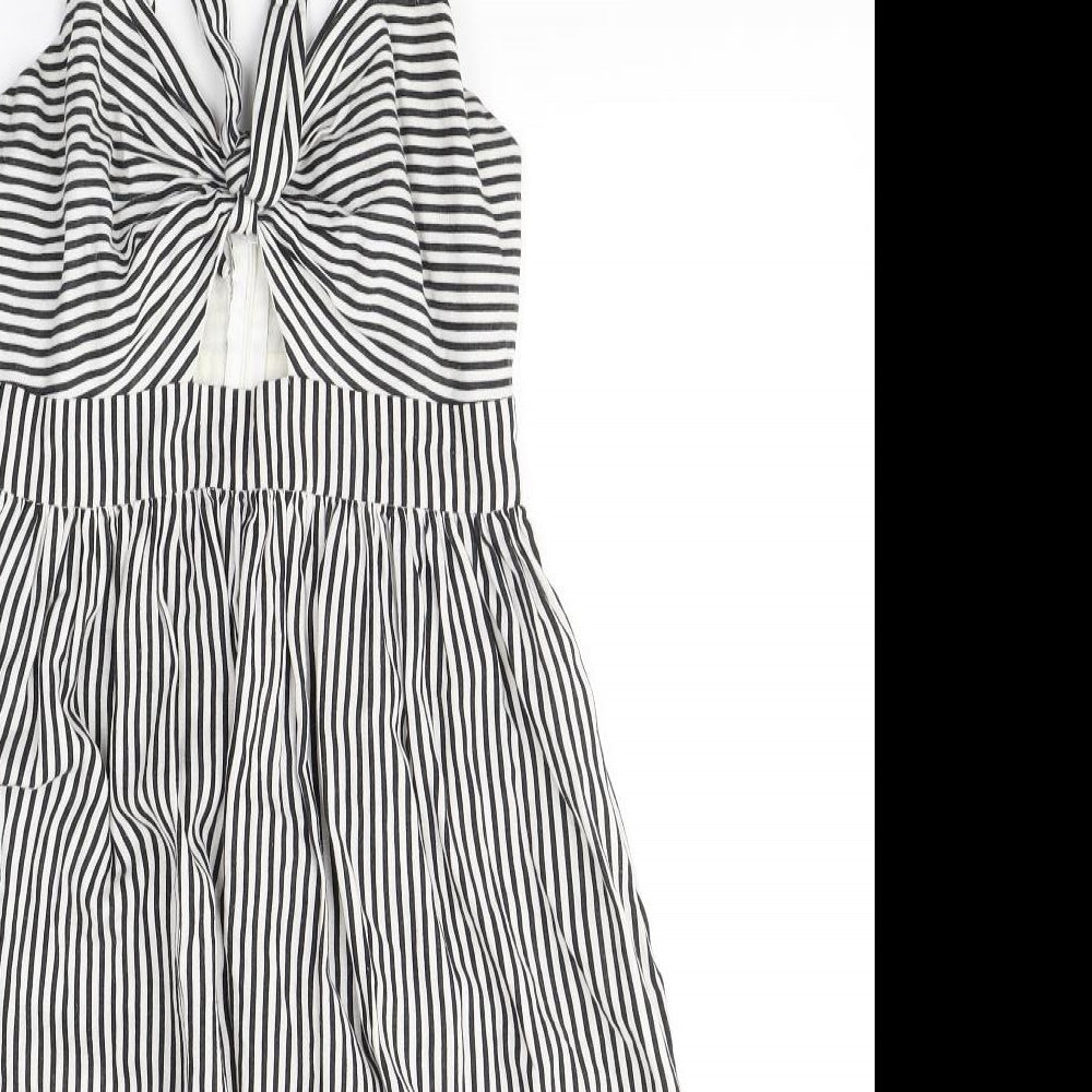 Zara Womens White Striped Cotton Fit & Flare  Size S  V-Neck Zip