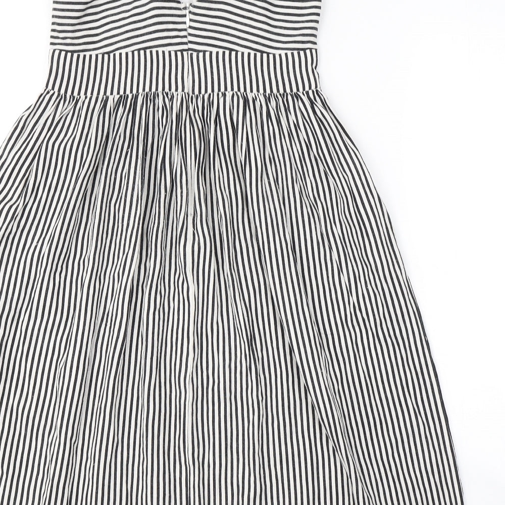 Zara Womens White Striped Cotton Fit & Flare  Size S  V-Neck Zip