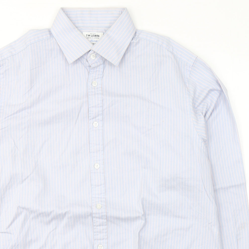 TM LEWIN Mens Blue Striped Cotton  Button-Up Size 17 Collared Button