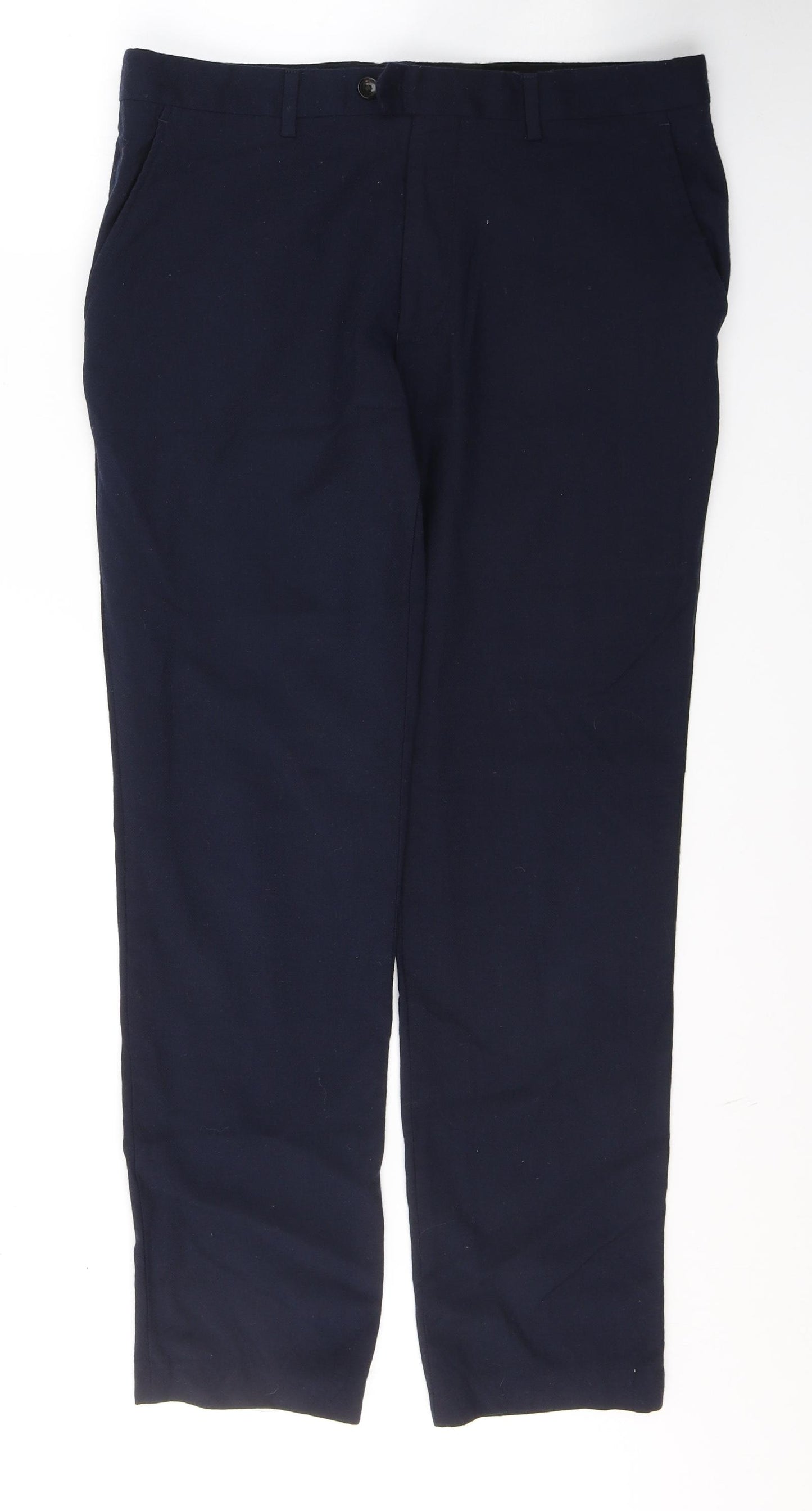 Marks and Spencer Mens Blue  Wool Trousers  Size 34 in L31 in Regular Button