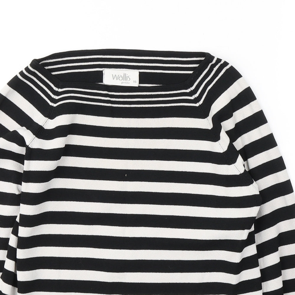 Wallis Womens Black Striped Viscose Jersey T-Shirt Size 16 Round Neck