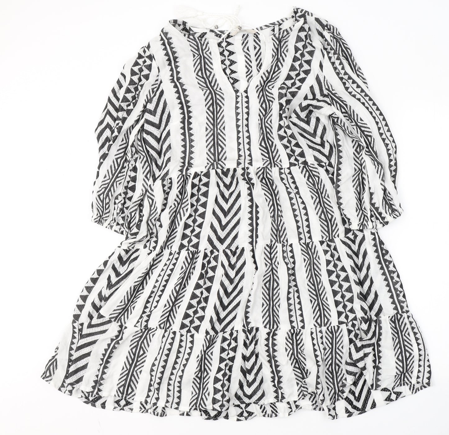 George Womens White Geometric Viscose Fit & Flare  Size 10  V-Neck Pullover